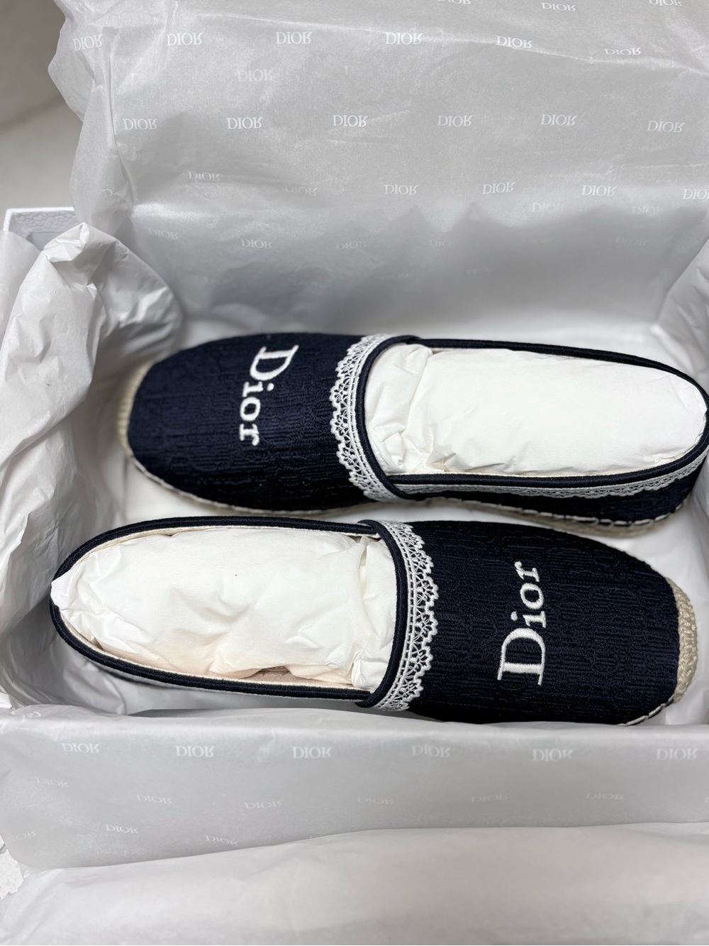 Dior Navy Blue Espadrille Slip-On Shoes with White Logo Sz 37 eu / 7 us
